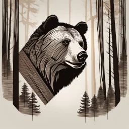 M shaped bear head combined with woods silhouette in backround, letterpress style, minimalistic pencil art