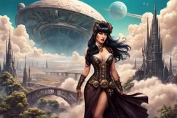 exotic sci-fi steampunk pin-up girl, with long dark hair with bangs, on an alien planet with cloud trees, tall spires, buildings, bridges, arches, photorealistic