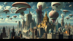 a stunningly weird image of a futuristic metropolis using Salvador Dali's paranoiac-critical method, where buildings and structures appear to melt into the skyline like melting ink. The cityscape is filled with floating medusas and mad, twisted shapes that interact with the buildings and each other, forming a surreal tableau of a dreamlike reality. Capture the essence of the scene in a cinematic manner, with dramatic shadows and vibrant colors that enhance the distorted perspectives and bizarre
