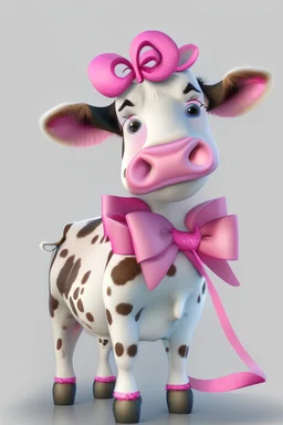 A cartoon character in Disney style with a funny perfect detailed realistic pink cow, with ribbon on head, bell on the nick, 8k, white paper background ,3d