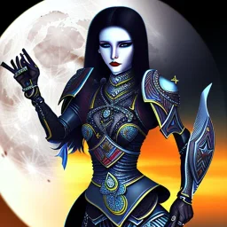 black hair lady warrior top with blade under the Moon