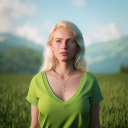 beautiful young blond Swiss girl standing in green field, mountain, sun, wearing blue shirt over, open arms, realistic eyes, blue eyes, unreal engine, photograph, realistic skin texture, photorealistic, hyper realism, highly detailed, 85mm portrait photography