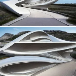 Generate an image of a futuristic museum designed by Unstudio, featuring striking parametric forms and a variety of sustainable materials. The building should have a sleek, modern aesthetic, with clean lines and a minimalistic approach to design.