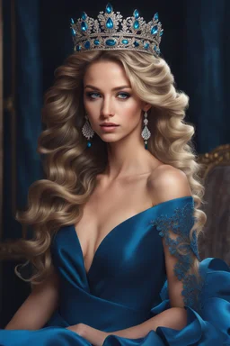 a woman with long hair wearing a blue dress, ultra realistic fantasy tiara, hair texture, style of aenami alena, hair jewellery, expensive voluminous dress, cover magazine, blond brown long hair, liberty curls