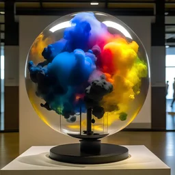 a Strange Glass device that converts color into love, dadaism, number 42 in sphere, inkblot smoke, standing in an art exhibition