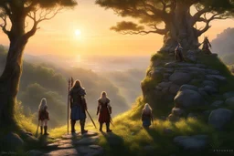 At the crest of the hill, under the watchful gaze of the setting sun, a motley crew of courageous souls stands assembled. The short dwarf healer, his weathered features etched with ancient knowledge, surveys the group with a keen eye. Beside him, the female Elf radiates an aura of forest magic, her eyes alight with the wisdom of the natural world. Opposite the Elf, the female thief from the dark city moves with a grace born of shadows, her presence a reminder of the mysteries that lurk beyond t