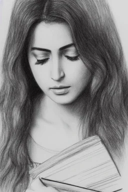 Pencil sketch of Young woman, Arab features,sad, long wavy hair, reading a book, full body، on lined paper