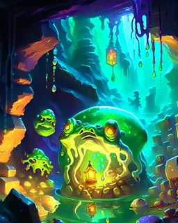 a slimy dripping gelatinous cube in vast dungeon cave room with treasure chests rpg art painterly