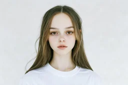 Polaroid, lilyroseDepp, cheveux long séparés au milieu, sans frange, yeux marron, petit nez, t-shirt blanc, fond blanc