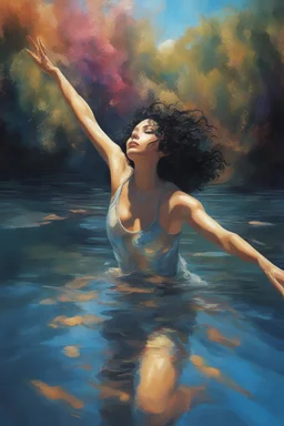 Abstract image of a beautiful woman with curly black hair floating in a river, looking up to the sky, arms stretched out, looking greatful, clear blue sky's, bright colours, 8k, super realistic, crystal clear waters