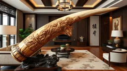 an elephant tusk beautifully and detailed carved with Chinese landscape with trees and waterfalls, The tusk stands in a beautifully carved ebony wood stand, the room is beautifully and detailed decorated with modern furniture