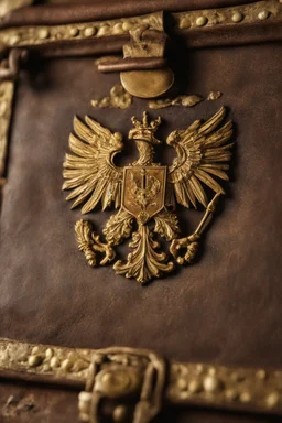 in the BASEMENT there is an old, broken brown oblong leather chest with short handles, with a hole on the side, gold coins from the time of Catherine the Great fall out of it. The ancient coat of arms of tsarist Russia, the double-headed eagle, is BARELY VISIBLE on the bag. All in high quality 8K