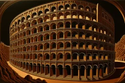 A bronze colored coliseum painted by MC Escher