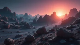 realistic photo of a landscape covered in rocky desert that looks futuristic with futuristic lighting