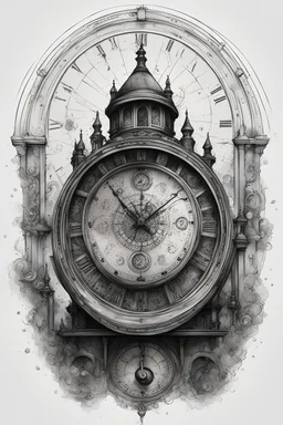 A drawing in modern realism of the astronomical clock black ink on white background clean and clear design for a tattoo