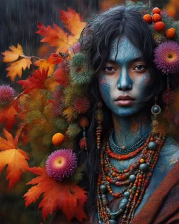 Vibrant autumn foliage in a rain-kissed setting, Ikebana arrangement, Haiku poetry inspiration, Japanese garden elements, autumn asters, Utagawa Hiroshige essence, Isaac Levitan influence, woman with dark skin, tribal markings, mysterious expression, piercing eyes, flowing black hair, colorful beads, layered textiles, bright hues, ornate jewelry, cultural richness, dark, blurred backdrop, GoBi, Наталья И-ва.Mystical character with pale blue scaly skin, icy green eyes, dark eyeliner, cascading da