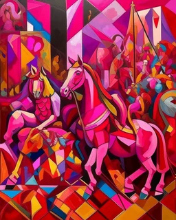 A magenta circus covered in paint in cubism art style painted by Leonardo da Vinci
