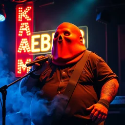 a very fat swedish man, with a mask with only a hole for the mouth, he is called "KEBAB MAN" performing at rock club, his name is "KEBAB MAN" kebab rolls On stage, kebab Neon lights and smog, and "KEBAB MAN" big sign on the wall, he singing with mic, text in swedish! no translate mr. stable ai, text in swedish! no translate mr. stable ai, text in swedish! no translate mr. stable ai