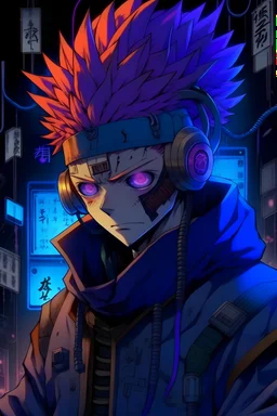 Gambarkan sebuah art dengan menggunakan karakter anime gojo Satoru dari jujutsu kaisen dengan temanya cyber punk