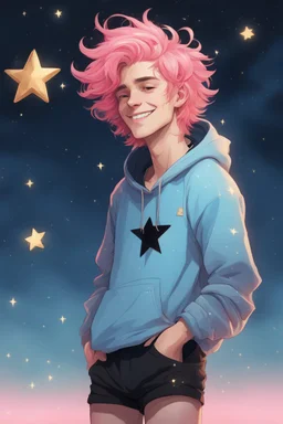 A an androgynous young man with tousled pink hair and golden eyes floating among the stars wearing a light blue hoodie and black board shorts. He is smiling softly and holding a star in one hand.