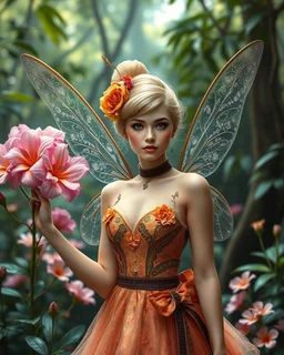 Full body Gorgeous Digital Photography Realistic full dress steampunk classic pixie flowers with a resemblance to Beautiful woman Tinkerbell, beauty sharp contrast colors,jungles background,digital fantasy art