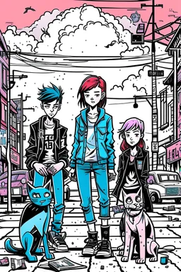 Three teenage street children, two boys and one punk girl, in book-cover poses on the street of a small town plus a black cat as a companion, graphic style, street art style, highly detailed