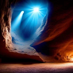 Cave in a desert mountain, hyper realistic, photography, rays, amazing lighting