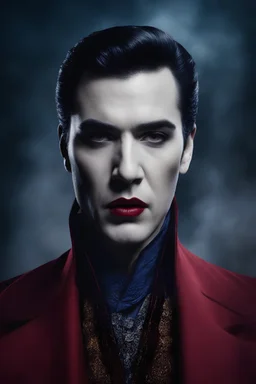 facial portrait - Elvis Lugosi, as Dracula - 32k, UHD, 1080p, 8 x 10, glossy professional quality digital photograph - dark blue and dark red, and light maroon and purple and foggy black gradated background, historic, powerful, octane rendering, exquisite detail, 30 - megapixel, 4k, 85 - mm - lens, sharp - focus, intricately - detailed, long exposure time, f8, ISO 100, shutter - speed 1125, diffuse - back - lighting, ((skin details, high detailed skin texture)), (((perfect face))),