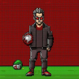 A pixel art cyberpunk version of the best football predictor master pundit master nerdy red battle hardy