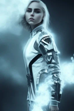 All Black AnnaSophia Robb soldier, ghost, wearing high tech mask, white smoke, dark, rage, sorrow, high definition, ultra 8 k, volumetric lighting, blue fire, fog