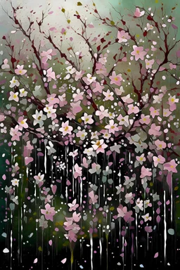 Cascading cherry blossoms hanging from the top of the image, flowers painted as fine color splatters, raining with petals, pastel colours, water at the bottom, abstract, fine art
