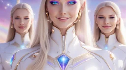 cosmic woman ,beautiful ufos rainbow, admiral from the future, galactic confédération, fine whole face, crystalline skin, expressive purple eyes,rainbow, smiling lips, very nice smile, costume pleiadian, Beautiful tall woman pleiadian Galactic commander, ship, perfect datailed golden galactic suit, high rank, long blond hair, hand whit five perfect detailed finger, amazing big puple eyes, mouth, high définition lips, cosmic happiness, bright colors