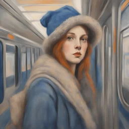 A woman in the metro in the style of léonardde vinci,, blue, Grey, beige,orange, with a woollen hat