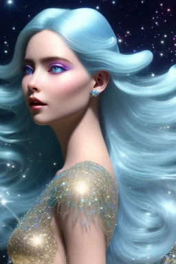 woman glitter blue fairy in a galactic ambiance, long blue hair, detailed gorgeous smile, delicate colors in the foreground, full of details, smooth, light effect，vaporwave colorful, smooth, extremely sharp detail, finely tuned detail, ultra high definition, 8 k, unreal engine 5, ultra sharpBeautyful smiling young woman, long hair amazing blue eyes, flowers, happy cosmic, bright colors, blue, pink, gold, jewels, realistic, photo real, clear sunny background, highly detailed, high contrast, 8k 