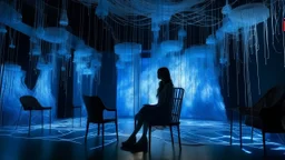 Multiple empty chairs in a room with a reflective floor surrounded by a dense network of BLUE threads that hang from the ceiling like cobwebs, some of the threads are luminous. In only one of the chairs is a woman sitting dressed in white,