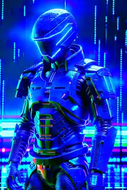 cyberpunk, neon blue, high technology, geometric figures, orbiting figures, cyberpunk suit, black and blue, epic, rain, neon blue suit, geometric figures orbiting around suit, exosuit, male