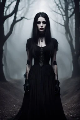 a mystic beauty goth woman with pale skin, black-silver hair, , goth style makeup. She wearing a stylish nice black dress, she gazes mysterious , mystic dark vibe, fog, shadows