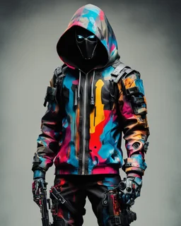 Colorido, Banksy style. Whole body. Masterpiece of a hooded killer Cyborg, his eyes are intense, (((full body))), contrasting colors.