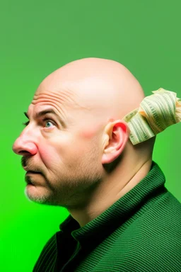 bald man with inflatable money through head downgrade