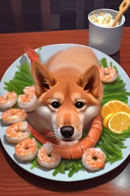 doge eating a shrimp platter