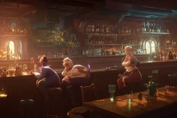 Two fat cat in a bar, high-quality, fine-detail, intricate, digital art, detailed matte, volumetric lighting, dynamic lighting, 3D octane render, Marc Adamus, Ann Prochilo, Romain Veillon,