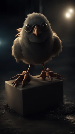 chicken monster robot with eerie lighting and a haunting atmosphere , photo / ultra realistic cinematic