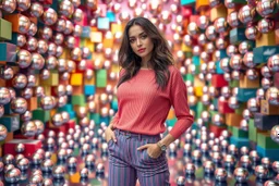 beautiful full body with todays modern clothing lady in surreal stage made of fractal random size spheres with helical strip colors in clothing similar to environment full body posing to camera,animating background metallic random color cubes