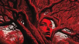 red tree, highly detailed, beautiful desktop wallpaper, comic style, human faces on tree