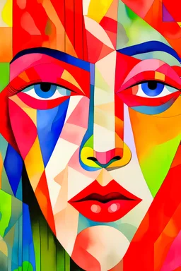 Attractive face, abstract, surreal, digital artwork, 3D watercolour patchwork, red lips, by Picasso and by Caspar David Friedrich and by Meghan Duncanson and by Jennifer Lommers and by Didier Lourenço Merriam