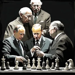 Putin, President Xi Of China And Joe Biden Play Chess With A Pigeon,Ufo And Atomic Bomb Mushroom Cloud,Complex Surgical Instruments Intermixed With A Newborn Boy,Minimalism,Painting By Adrian Ghenie,Rene Magritte,Pablo Picasso,Michelangelo,Salvador Dali,Lucian Freud