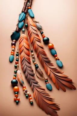 feathers and beads on leather string moving in the wind, warm colors, sharper details, fantasy