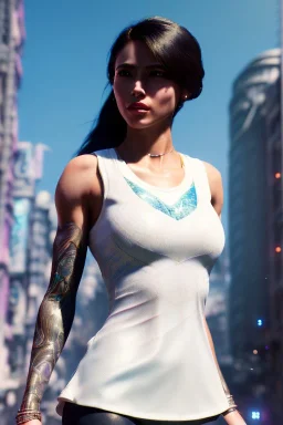 Athlethic Young woman, futuristic fantasy assassin character, portrait from waist up, intricate eyeliner, vibrant eyeshadow, clear completion, soft lighting, 4k resolution, intricate details, insanely detailed, white tank top, vibrant Japanese style tattoo sleeve, colorful cityscape background, masterpiece, expert, cinematic smooth, retroanime style, realistic details