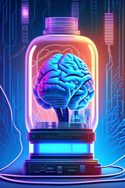A magazine cover with a brain in a jar, and is connected to lots of wires. The overall color scheme should be cold and in cyberpunk style, mainly composed of blue-ish colors. The tone of the cover should be serious and venerating. A huge computer should be included in the background, with the wires also connected to it. The brain should be presented as a combination of both a physical brain and an electronic + virtual brain, with electrons flowing in it.