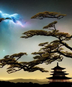 Japanese tea house in outer space with a nebula and otherworldly trees